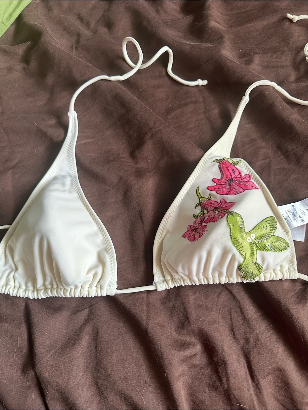 H&M White Triangle Bikini Top with Pink Floral & Green Hummingbird Embroidery